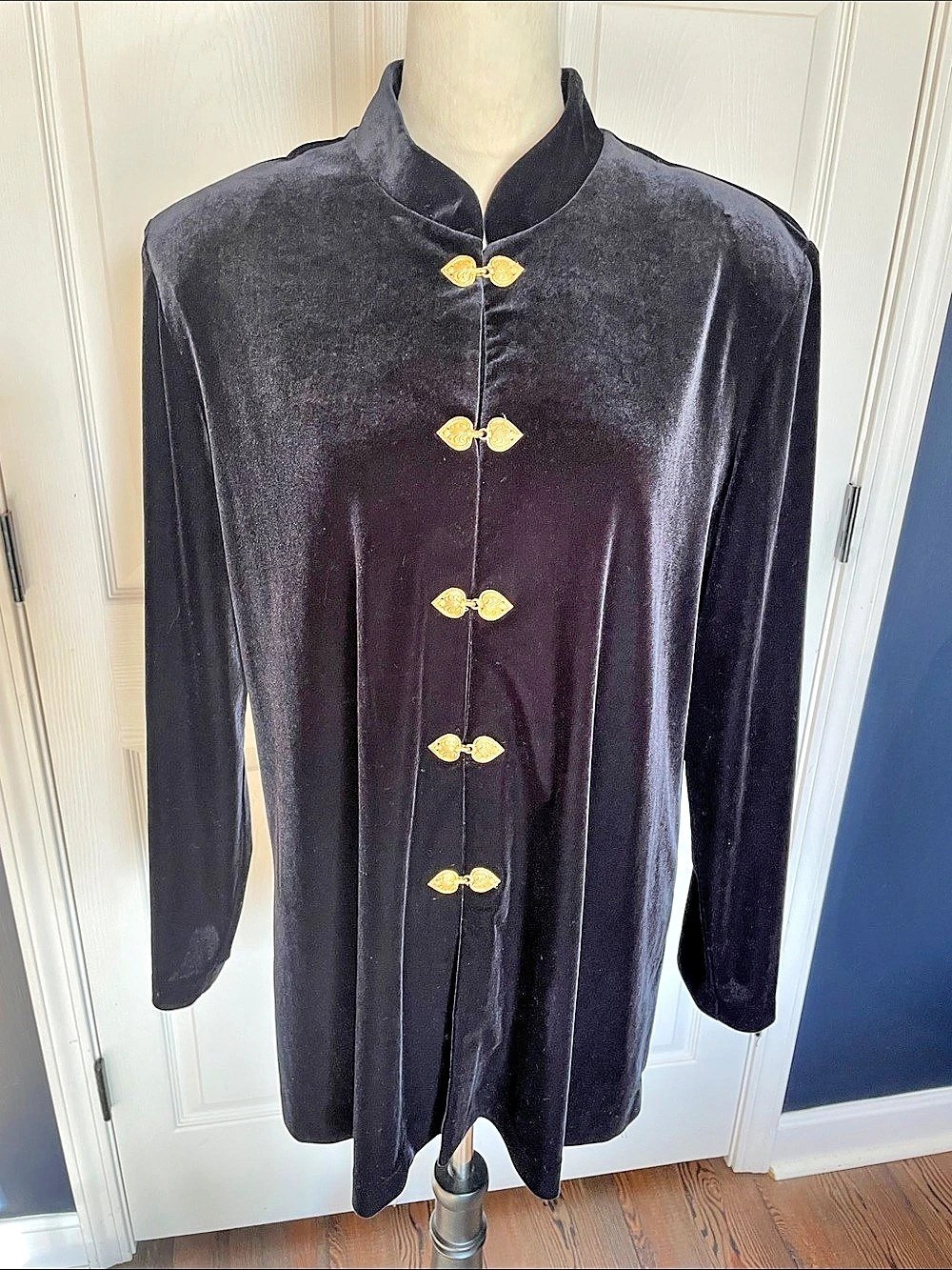 Vintage R&M Richards Karen Kwong Black Velvet Mandarin Collar Tunic Jacket Sz 18